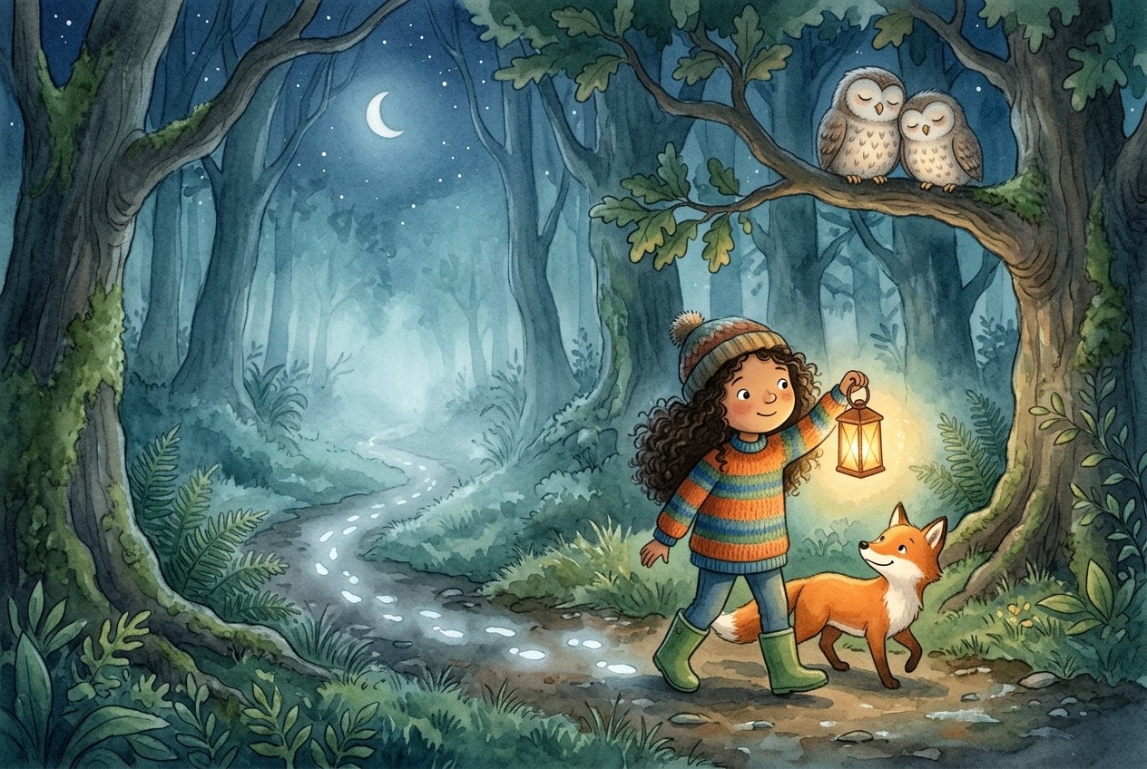 Illustration of Maya and a little fox walking through a misty night forest with a glowing paper lantern, following silver footprints